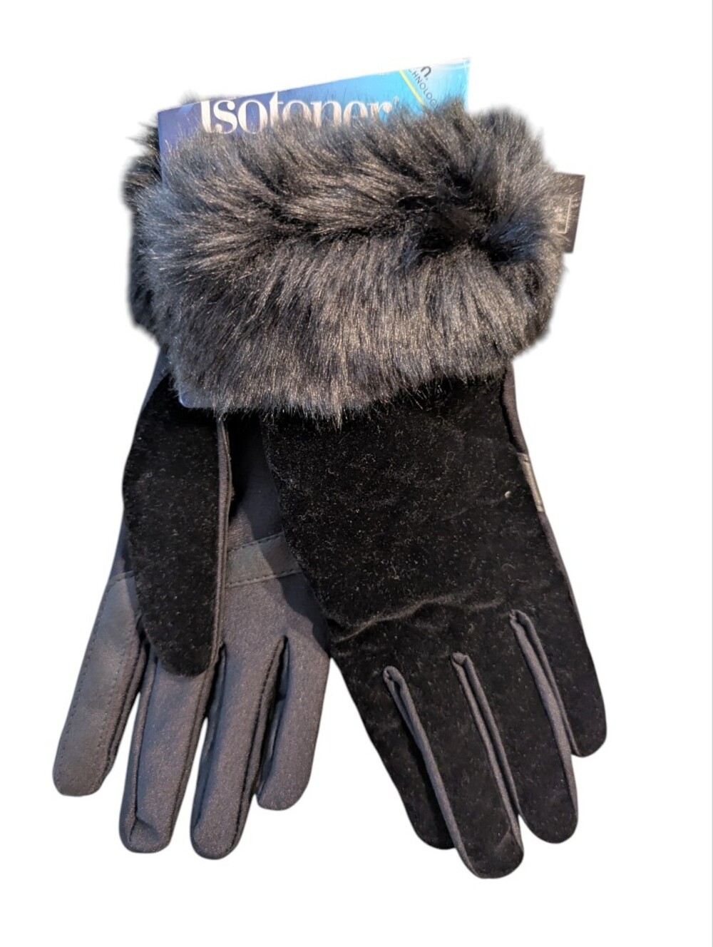 ISOTONER SmarTouch Black Faux Fur Cuff Women's Gloves M/L